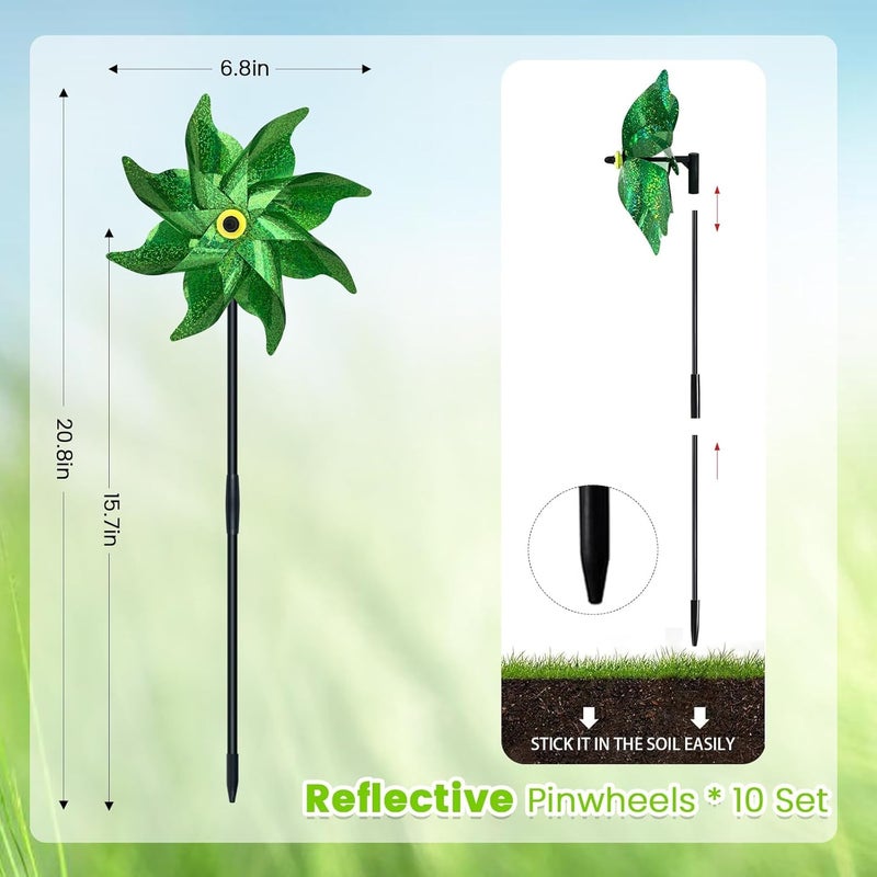 DECEED 10 PCS Reflective Pinwheels for Yard and Garden Bird Devices Pre-Installed Sparkly Wind Spinner Deterrent to Scare Birds Away from Yard Patio Farm (Green) - Image 2